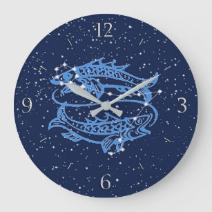 Reloj Redondo Grande Constelación Pisces y Rótulo Zodiaco con Estrellas