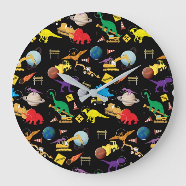 Reloj Redondo Grande Construction Trucks Astronaut Dinosaurs in Space  (Anverso)