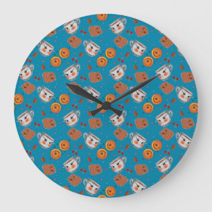 Reloj Redondo Grande Cookies, bollos: patrón de fondo azul