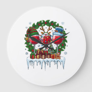 Reloj Redondo Grande Copas de vino rojas de Navidad Corona de acebo Hom