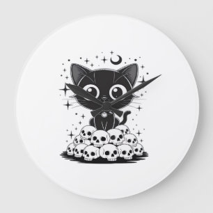 Reloj Redondo Grande Copia de Cráneos de Gato Gótico Negro Gatito Creep