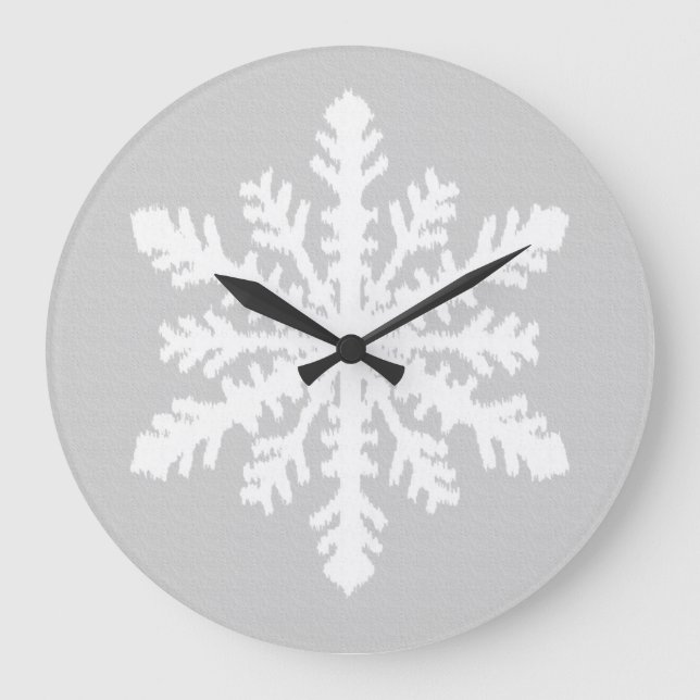 Reloj Redondo Grande Copo de nieve de Ikat - gris de plata y blanco (Anverso)