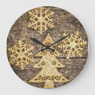 Reloj Redondo Grande Copos de nieve dorados y árbol de Navidad