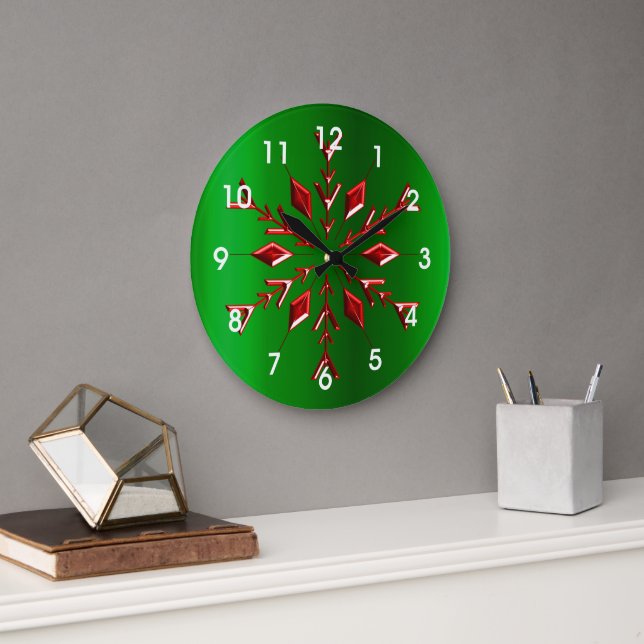 Reloj Redondo Grande Copos de nieve rojos en Navidades verdes (Oficina)