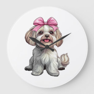 Reloj Redondo Grande Coqueta Bow Havanese Perro Mamá Chica Rosa