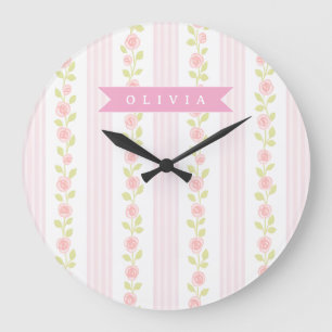 Reloj Redondo Grande Coqueta femenina rosa personalizada floral rayada