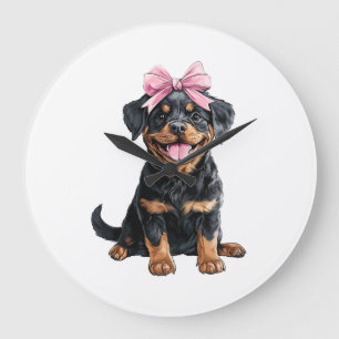 Reloj Redondo Grande Coqueta Lazo Rottweiler Perro Mamá Chica Rosa
