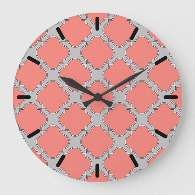 Reloj Redondo Grande Coral de quatrefoil y gris (Anverso)