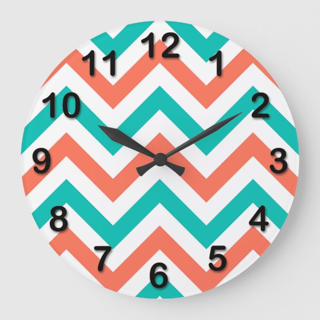 Reloj Redondo Grande Coral, Turquesa, Blanco Patrón de Chevron ZigZag G (Anverso)