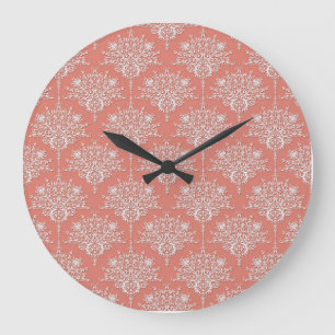 Reloj Redondo Grande Coral y blanco damasco floral elegante
