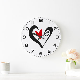 Reloj Redondo Grande Corazón abstracto rojo y negro Romántico moderno