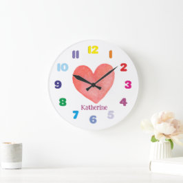 Reloj Redondo Grande Corazón acuarela del niño personalizado
