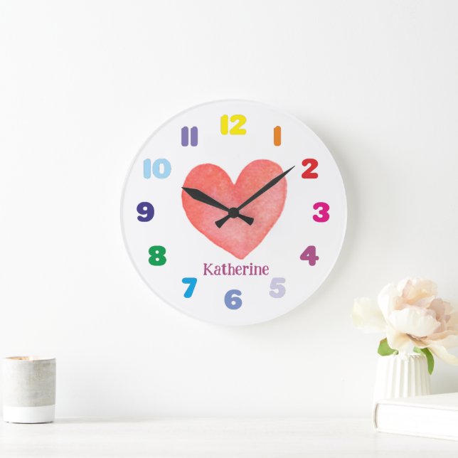 Reloj Redondo Grande Corazón acuarela del niño personalizado (Hogar)