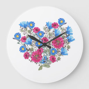Reloj Redondo Grande Corazón acuarela floral, flores silvestres brillan