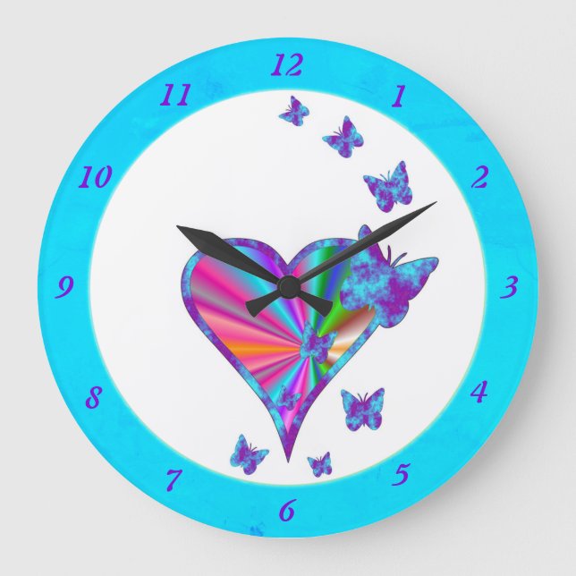 Reloj Redondo Grande Corazón arcoiris y mariposa (Anverso)