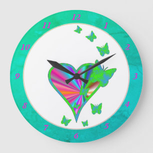 Reloj Redondo Grande Corazón arcoiris y mariposa