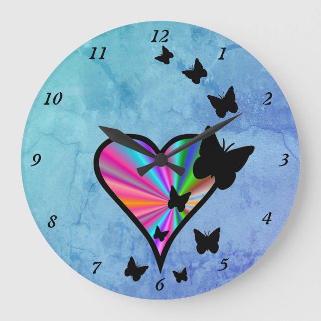 Reloj Redondo Grande Corazón arcoiris y mariposa (Anverso)