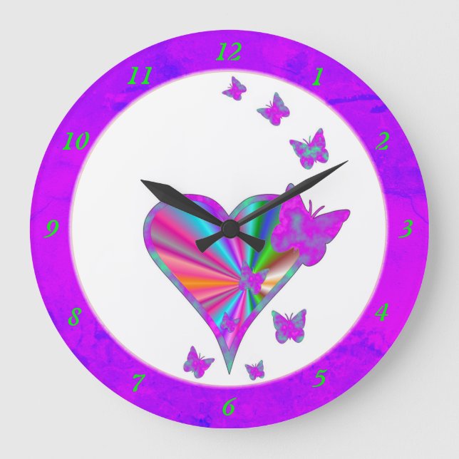 Reloj Redondo Grande Corazón arcoiris y mariposa (Anverso)