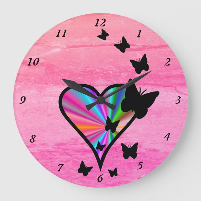 Reloj Redondo Grande Corazón arcoiris y mariposa (Anverso)