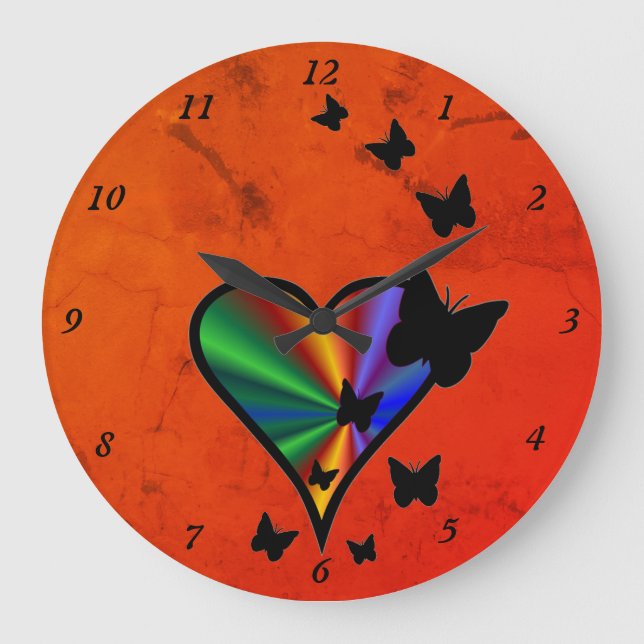Reloj Redondo Grande Corazón arcoiris y mariposa (Anverso)