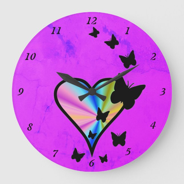 Reloj Redondo Grande Corazón arcoiris y mariposa (Anverso)