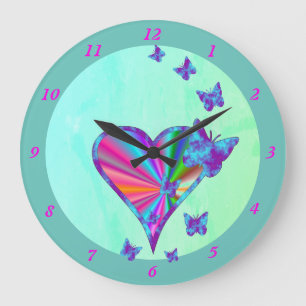 Reloj Redondo Grande Corazón arcoiris y mariposa