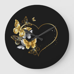 Reloj Redondo Grande Corazón con mariposas doradas