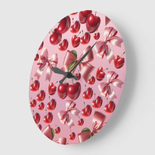 Reloj Redondo Grande Corazón Coqueto Patrón de Lazo de Cereza