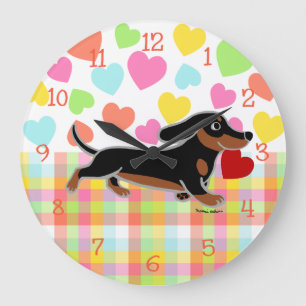 Reloj Redondo Grande Corazón corriente del Dachshund liso del negro y