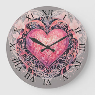 Reloj Redondo Grande Corazón de San Valentín Adornos de Flores de Amor 