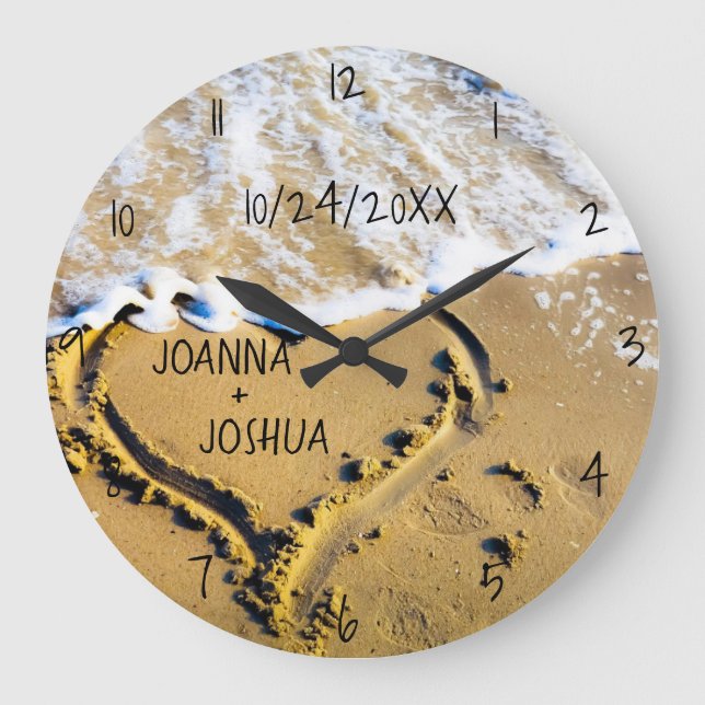 Reloj Redondo Grande Corazón en el Personalizado de Sand Beach Tropical (Anverso)
