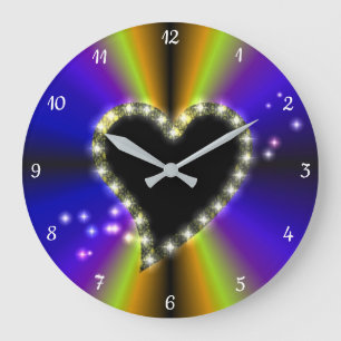 Reloj Redondo Grande Corazón negro con estrellas en arcoiris amarillo p