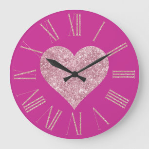 Reloj Redondo Grande Corazón Purpurina rosado en Fuchsia
