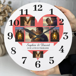 Reloj Redondo Grande Corazón Rojo Foto de Pareja de San Valentín Nombre