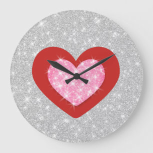 Reloj Redondo Grande Corazón rosado del amor de Bling