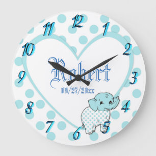 Reloj Redondo Grande Corazón y lunares azules del elefante del bebé