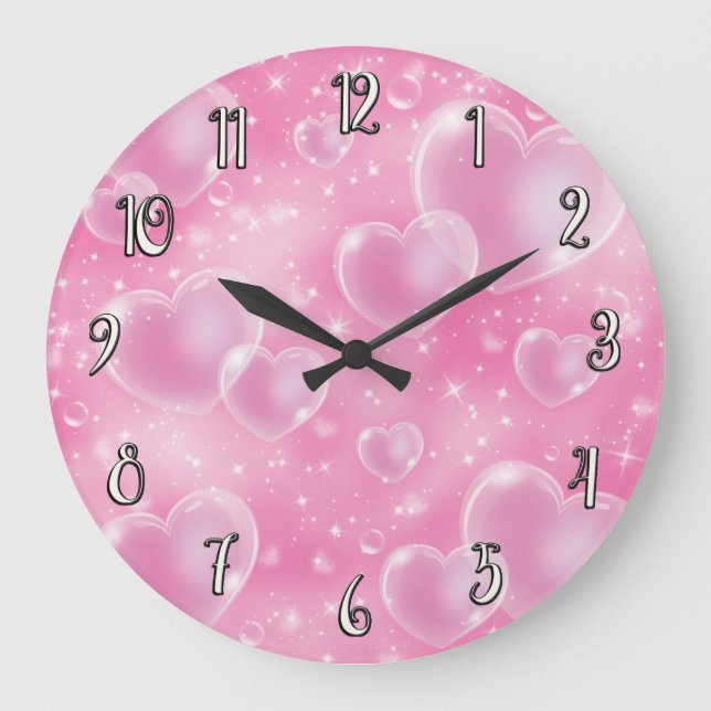 Reloj Redondo Grande Corazones Burbuja Rosados Estilo Femenino 90's (Anverso)