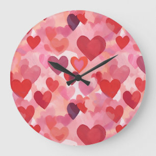 Reloj Redondo Grande Corazones de acuarela rosados y rojos Coqueta romá