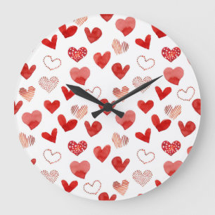 Reloj Redondo Grande Corazones de amor rojos, patrón de acuarela.