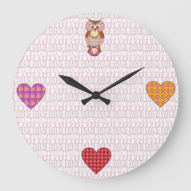 Reloj Redondo Grande Corazones de búho de arte de pachwork (Anverso)