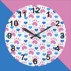 Reloj Redondo Grande Corazones de Garra de Gato Meow Patrón Rosa Azul