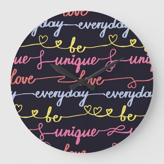 Reloj Redondo Grande corazones de los chicas, palabras patrón sin fisur (Anverso)