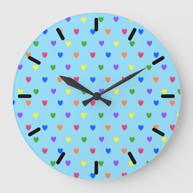 Reloj Redondo Grande Corazones de polka arcoiris sobre azul bebé (Anverso)