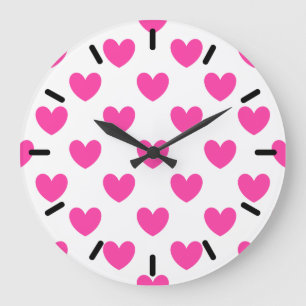 Reloj Redondo Grande Corazones de polka rosa de Fuchsia en blanco