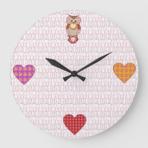 Reloj Redondo Grande Corazones del búho del remiendo
