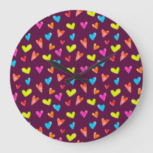Reloj Redondo Grande Corazones multicolores: Patrón púrpura acuarela.