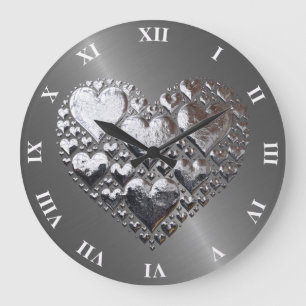 Reloj Redondo Grande Corazones plateados en acero cepillado