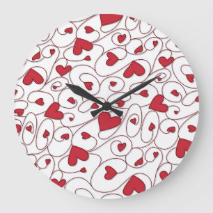 Reloj Redondo Grande Corazones rojas y blancas rizadas