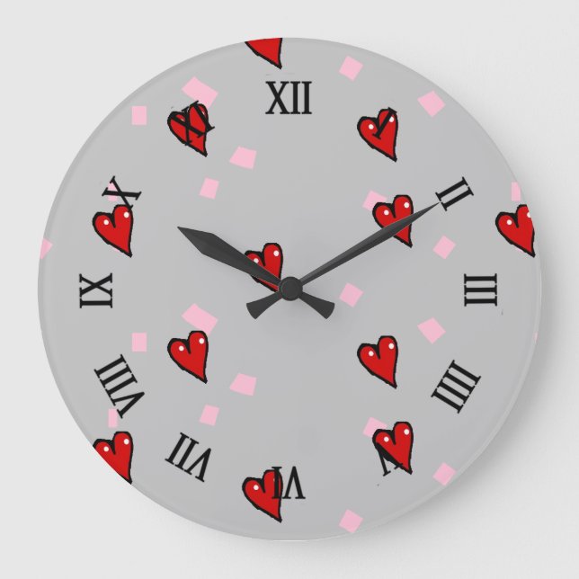 Reloj Redondo Grande Corazones rojos en gris (Anverso)