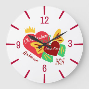 Reloj Redondo Grande Corazones rojos, mariposa elegante